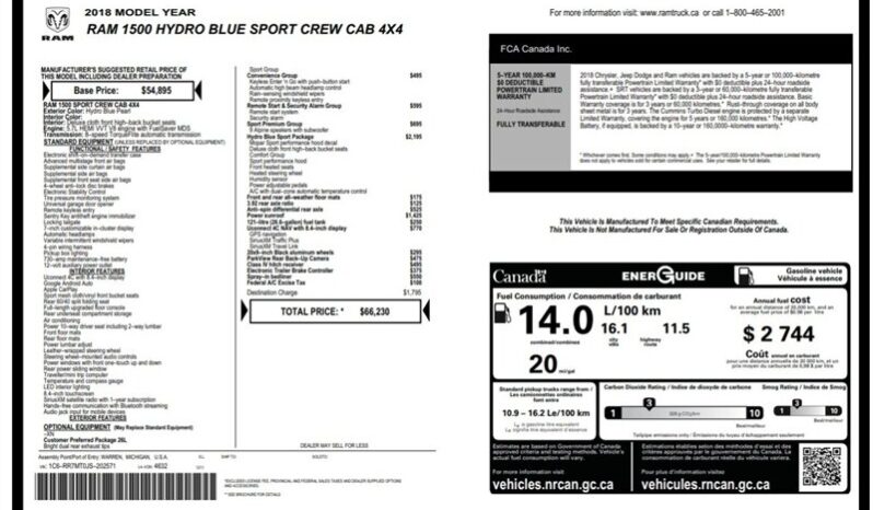 
								2018 RAM 1500 Sport full									