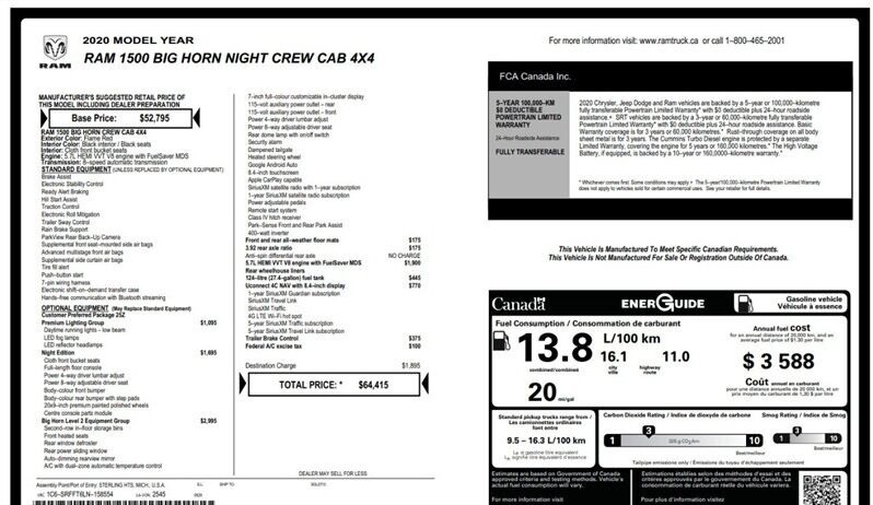 
								2020 RAM 1500 Big Horn Night Edition full									