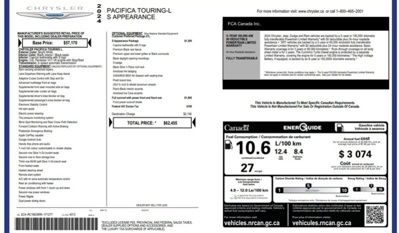 
								2024 Chrysler Pacifica Touring L Sunroof S package full									