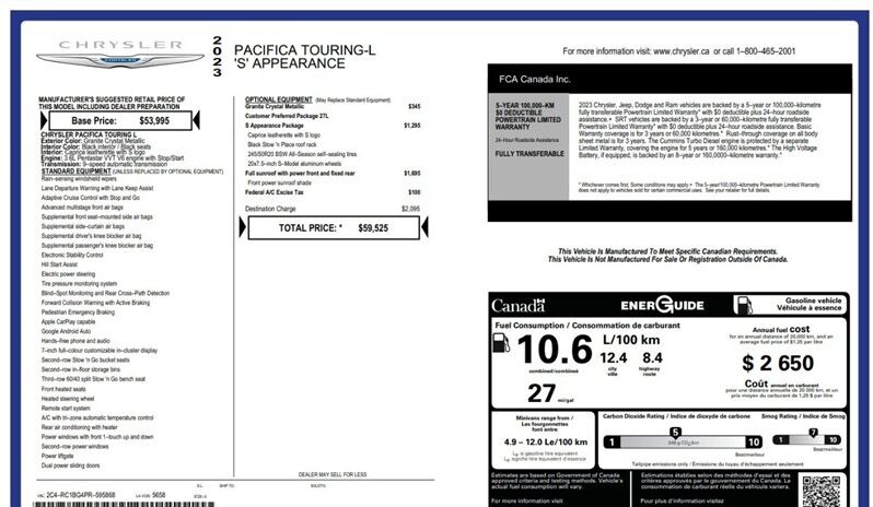 
								2023 Chrysler Pacifica Touring L Sunroof S package full									