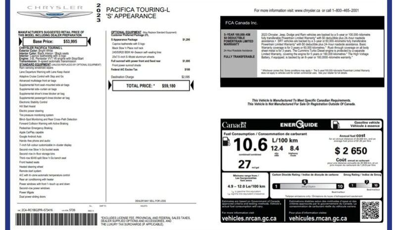 
								2023 Chrysler Pacifica Touring L Sunroof S package full									