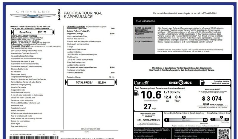 
								2024 Chrysler Pacifica Touring L Sunroof S package full									