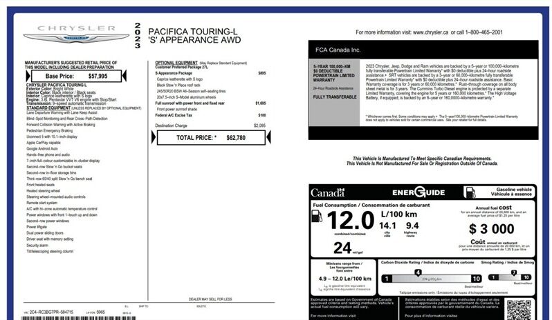 
								2023 Chrysler Pacifica Touring L Sunroof S package full									