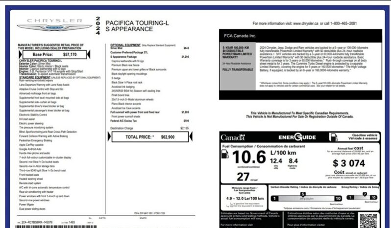 
								2024 Chrysler Pacifica Touring L Sunroof S package full									